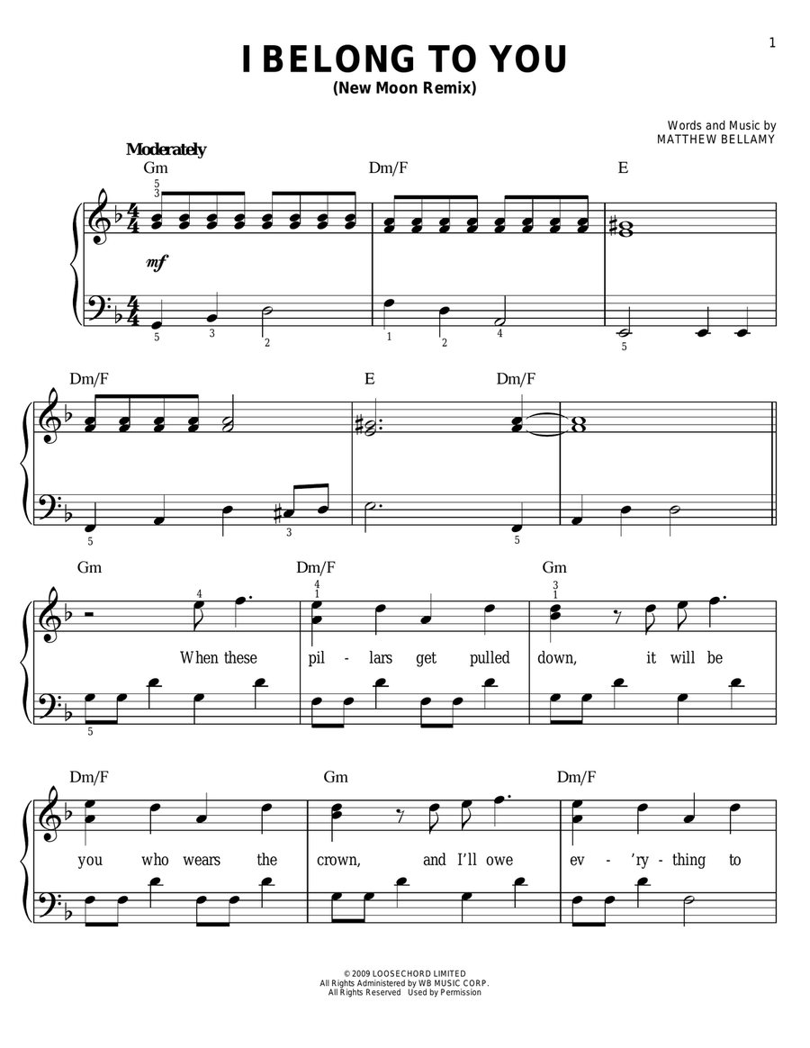 I Belong To You (New Moon Remix) Easy Piano scores gallery preview page 1
