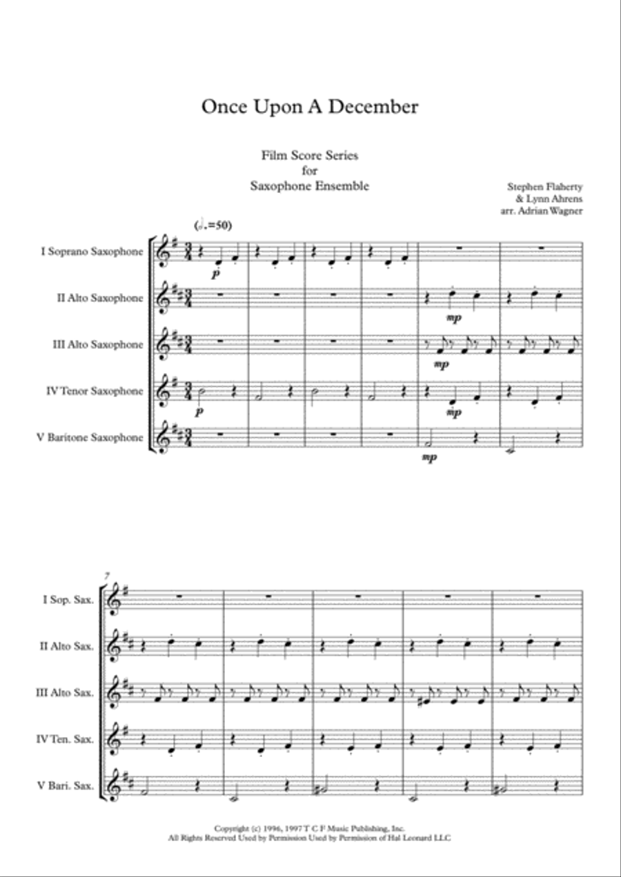Once Upon A December from the Twentieth Century Fox Motion Picture ANASTASIA Saxophone Quintet scores gallery preview page 3