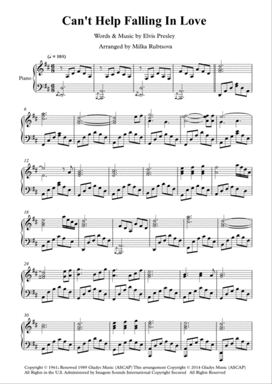Can't Help Falling In Love Piano Solo scores gallery preview page 1