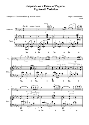 Rhapsody on a Theme of Paganni Eighteenth Variation arranged for Cello and Piano