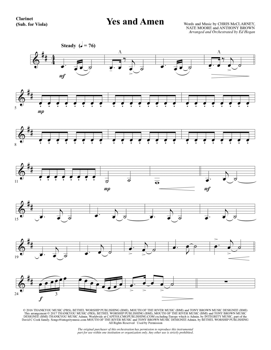 Yes and Amen - Clarinet (sub Viola) Choir scores gallery preview page 1
