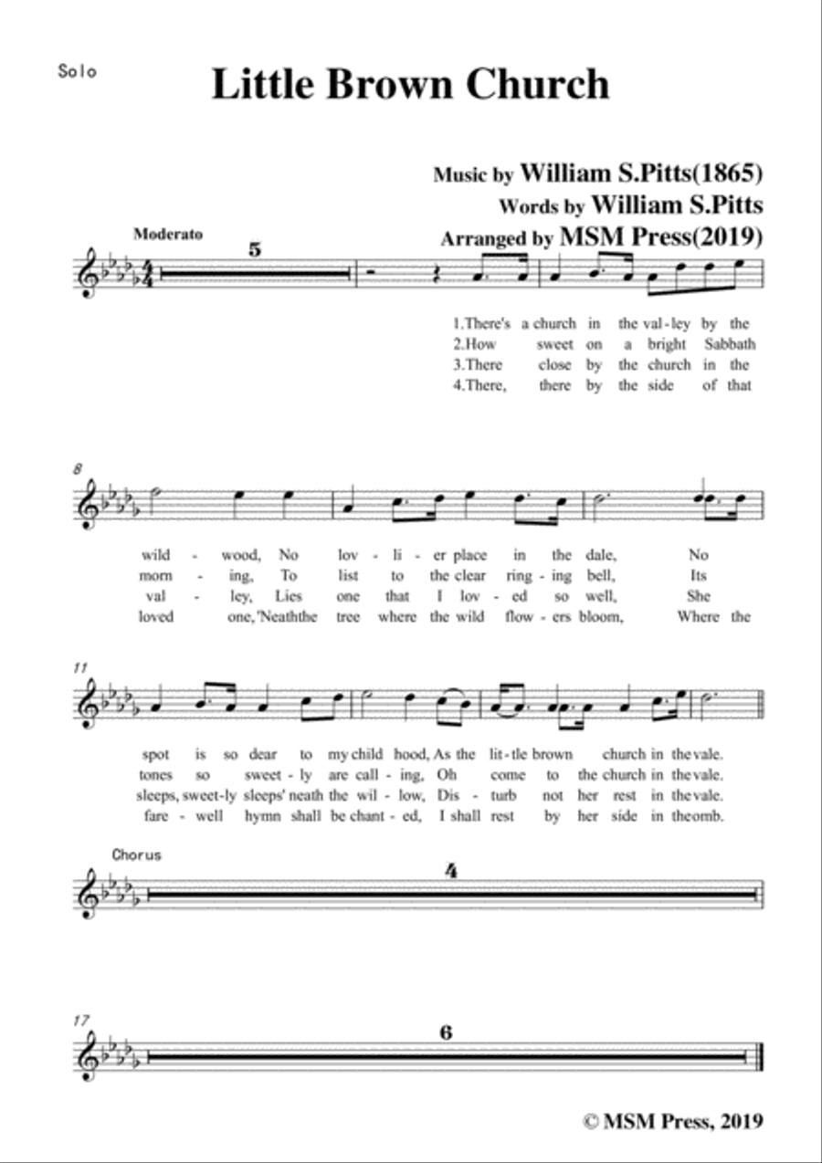 William S. Pitts-Little Brown Church,in D flat Major,for Voice and Piano Voice Solo scores gallery preview page 6