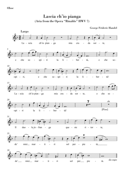 Lascia ch'io pianga (for Oboe Solo and String Quartet) Original key F major image number null