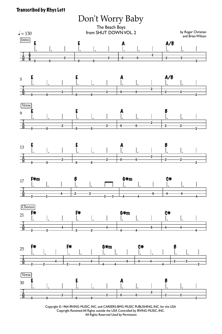 Don't Worry Baby Bass Guitar Tablature scores gallery preview page 1