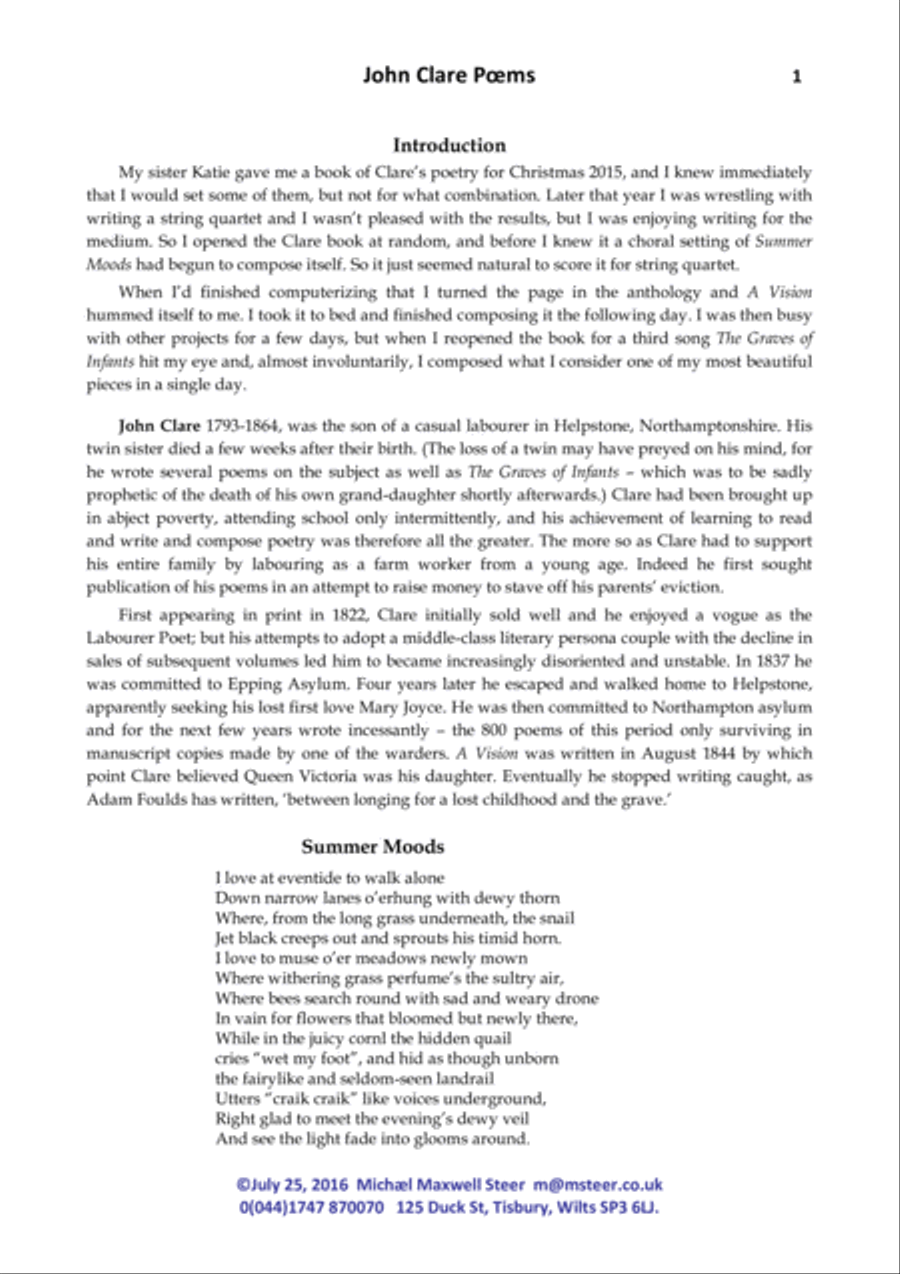 Three John Clare Songs for SATB & String Quartet 4-Part scores gallery preview page 1