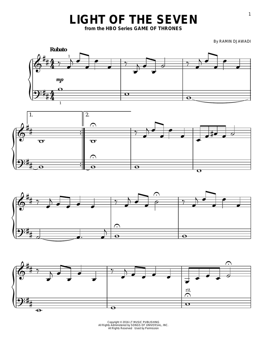 Light Of The Seven (from Game of Thrones) Easy Piano scores gallery preview page 1