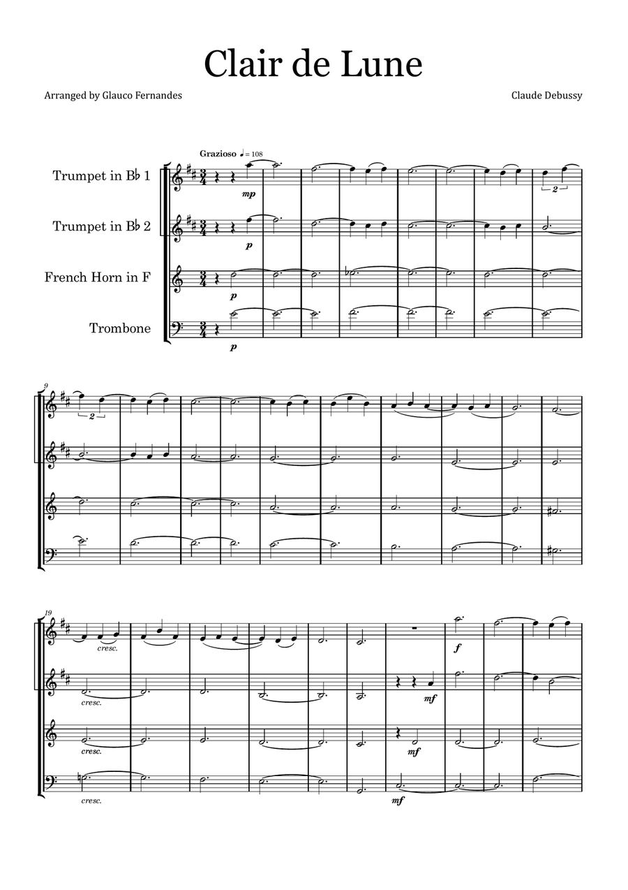 Clair de Lune by Debussy - Brass Quartet by Claude Debussy Brass Quartet - Digital Sheet Music