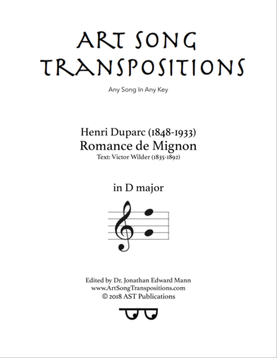 DUPARC: Romance de Mignon (transposed to D major) Voice scores gallery preview page 1