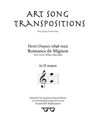 Book cover for DUPARC: Romance de Mignon (transposed to D major)