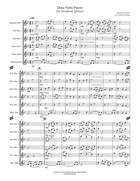 Dona Nobis Pacem (for Saxophone Quintet SATTB or AATTB) image number null