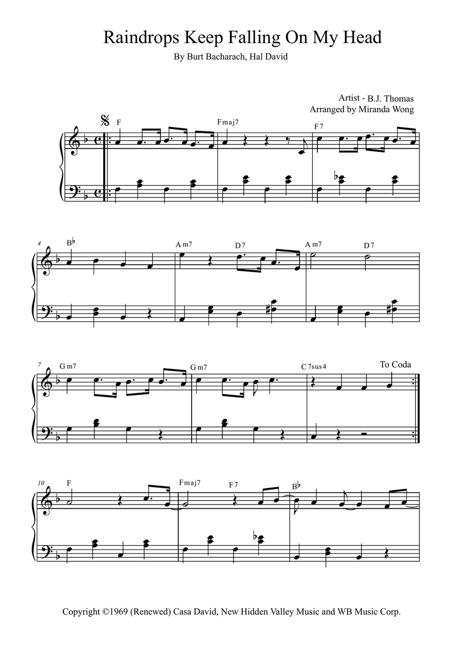 Raindrops Keep Fallin' On My Head Easy Piano scores gallery preview page 1