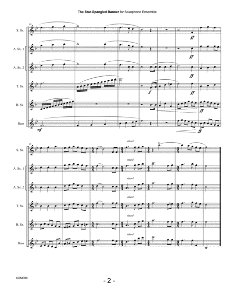 THE STAR-SPANGLED BANNER for SAXOPHONE ENSEMBLE (S-A-A-T-B-Bs) Woodwind Ensemble scores gallery preview page 2