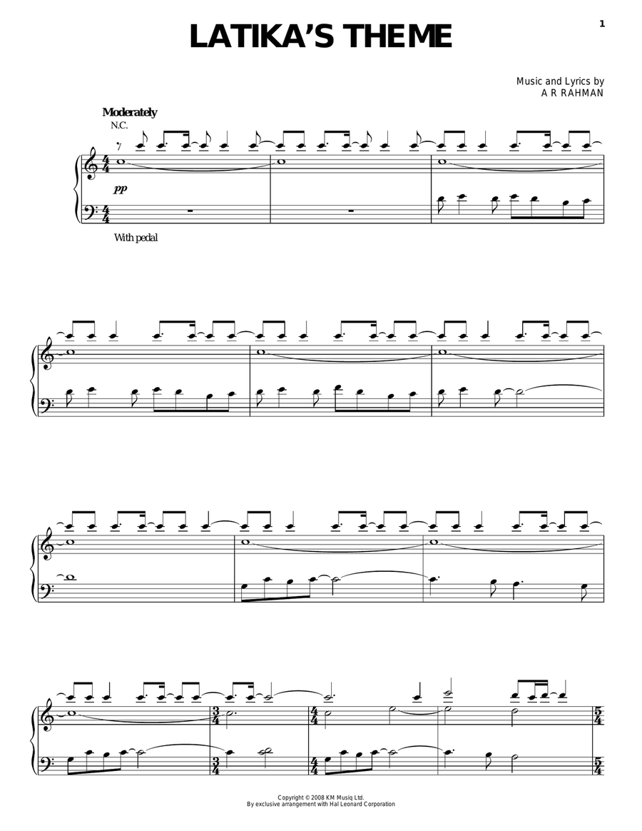 Latika's Theme Latika's Theme Piano, Vocal, Guitar scores gallery preview page 1