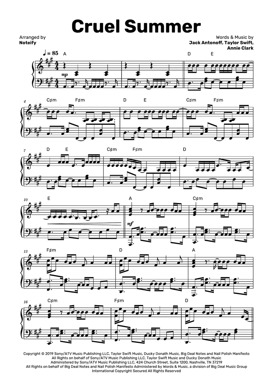 Cruel Summer Piano Solo scores gallery preview page 1