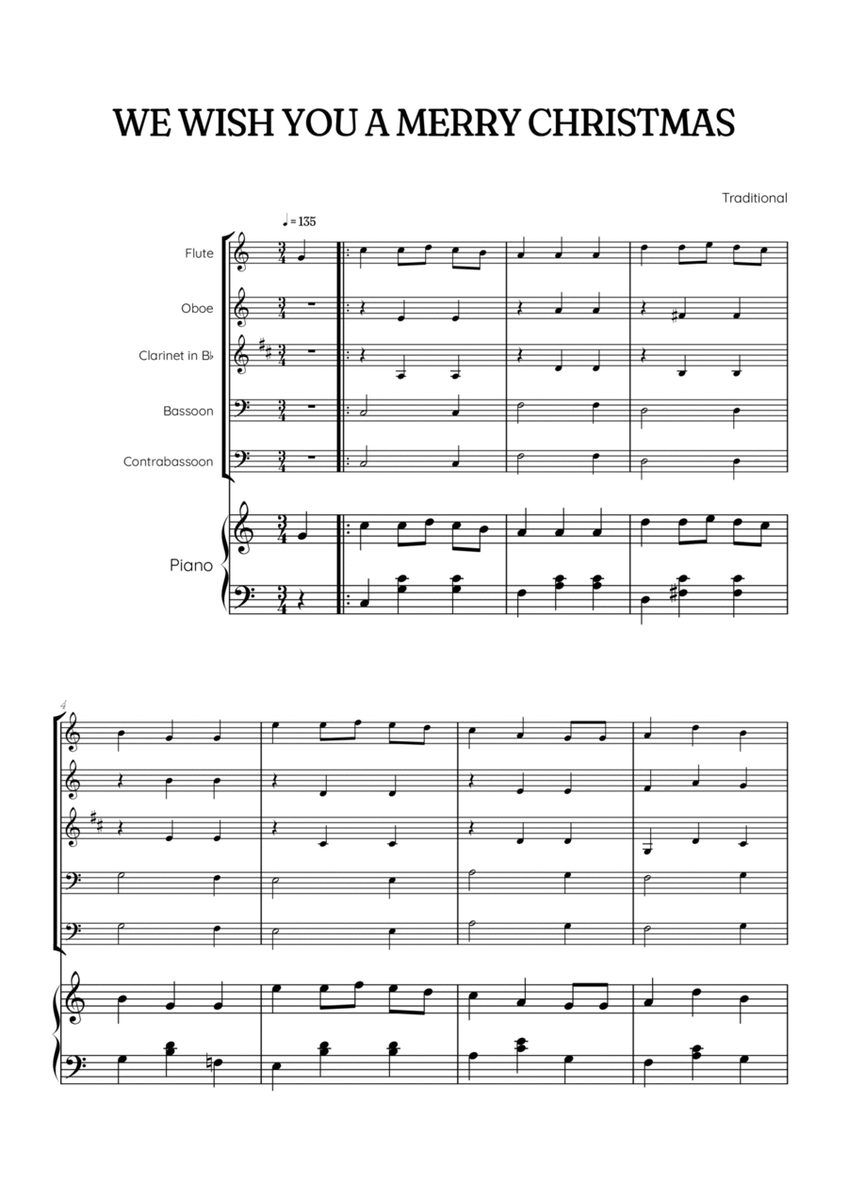 We Wish You a Merry Christmas for Woodwind Quintet & Piano • easy Christmas sheet music image number null