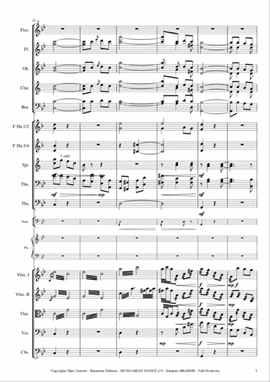 Hungarian Dance No. 4 - J. BRAHMS - arranged for Full Orchestra by Marc Garetto Full Orchestra scores gallery preview page 5