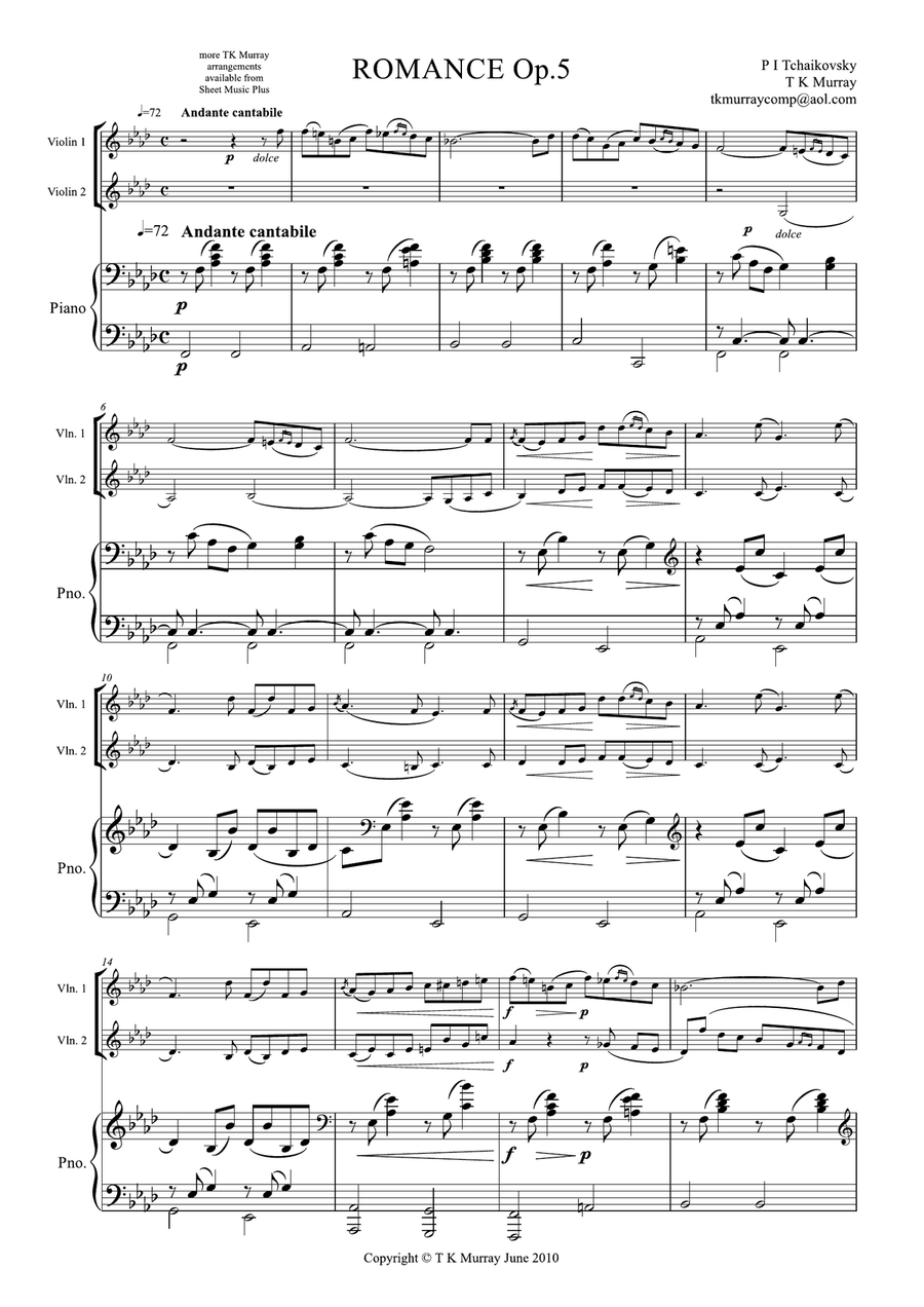 Tchaikovsky - Romance Op.5 - 2 Violins Violin Duo Violin Group & Piano String Duet scores gallery preview page 1