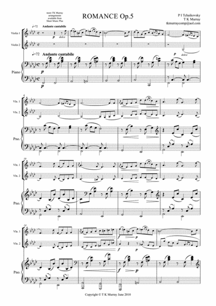 Tchaikovsky - Romance Op.5 - 2 Violins Violin Duo Violin Group & Piano