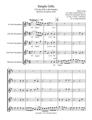 Simple Gifts ('Tis the Gift to Be Simple) (F) (Saxophone Quintet - 2 Alto, 2 Tenor, 1 Bari) (Bariton