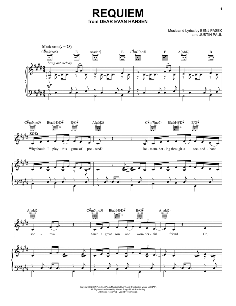 Requiem (from Dear Evan Hansen) Piano, Vocal, Guitar scores gallery preview page 1