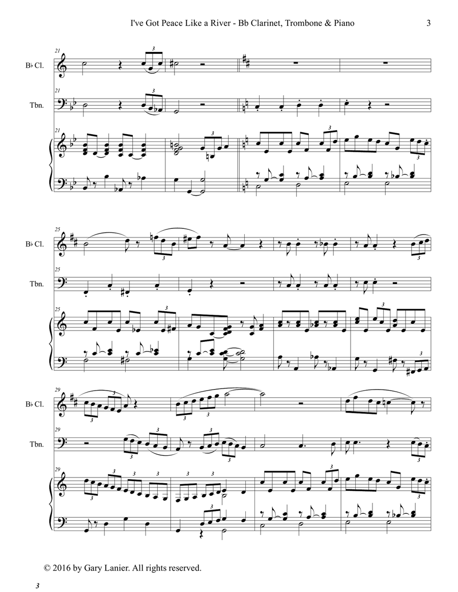 Gary Lanier: I'VE GOT PEACE LIKE A RIVER (Trio – Bb Clarinet, Trombone & Piano with Parts) Trombone Trio scores gallery preview page 4