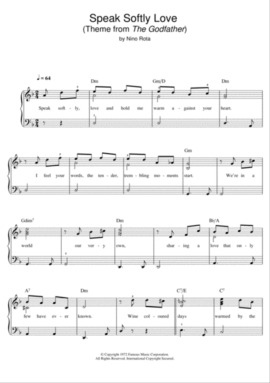 Speak Softly Love (Godfather Theme) Easy Piano scores gallery preview page 1
