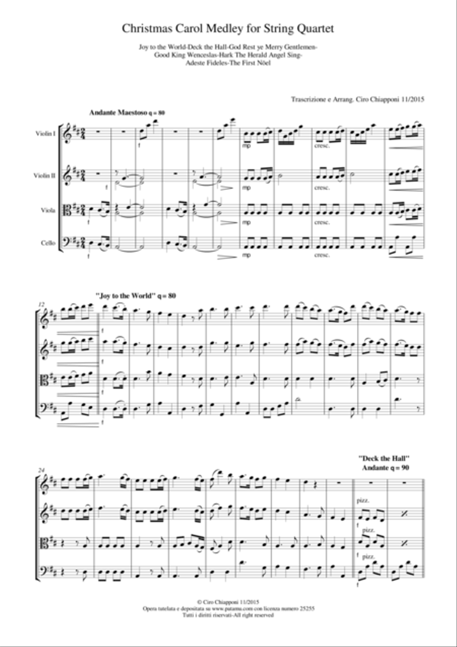 Christmas Carol Medley for String Quartet Score and Parts String Quartet scores gallery preview page 1