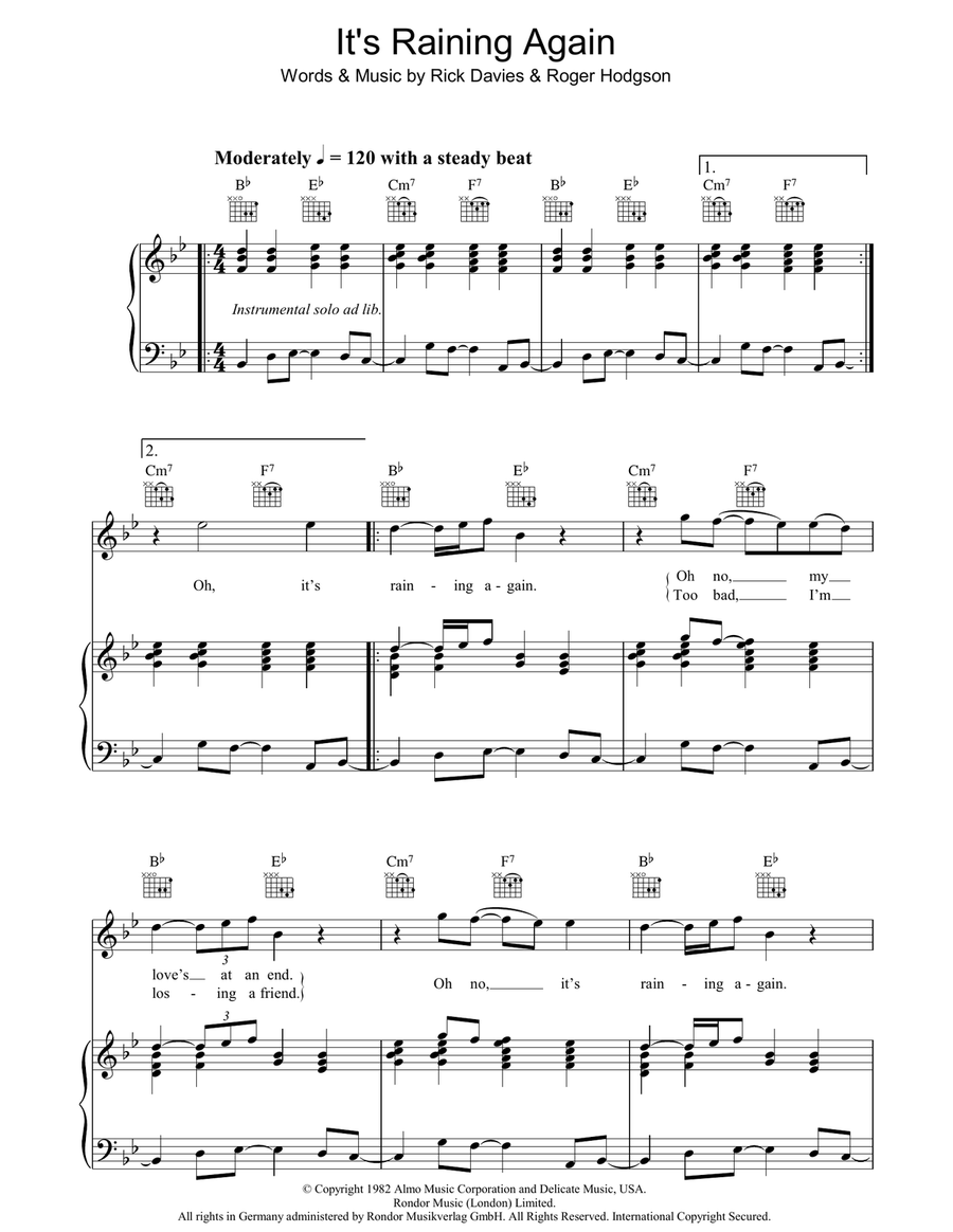 It's Raining Again Piano, Vocal, Guitar scores gallery preview page 1