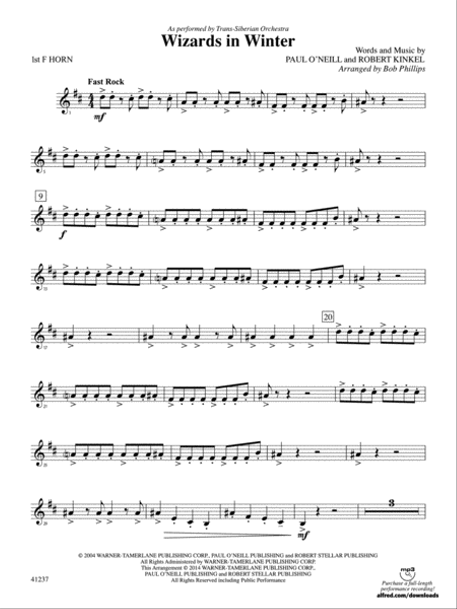 Wizards in Winter: 1st F Horn Full Orchestra scores gallery preview page 1