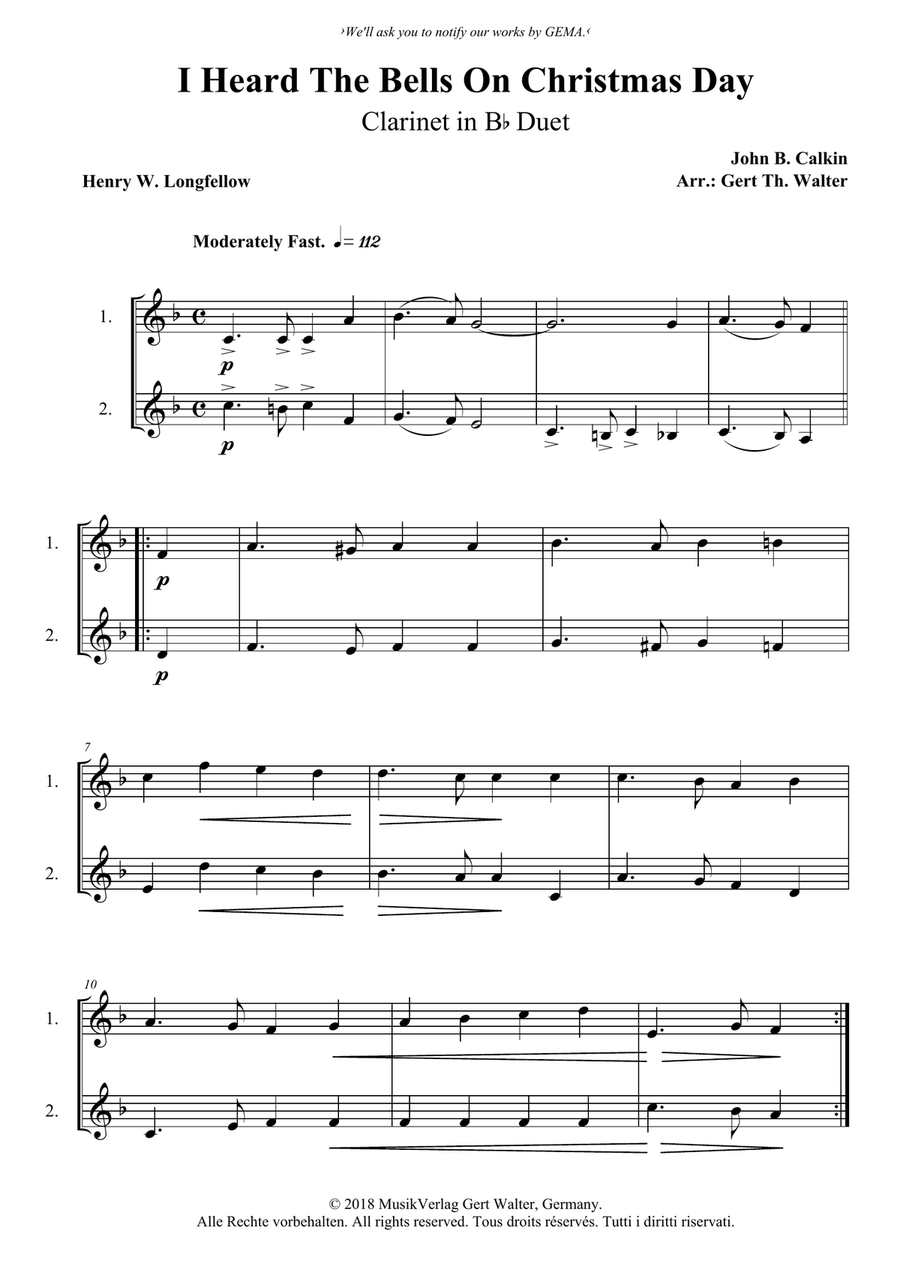 I Heard The Bells On Christmas Day Clarinet Duet scores gallery preview page 1
