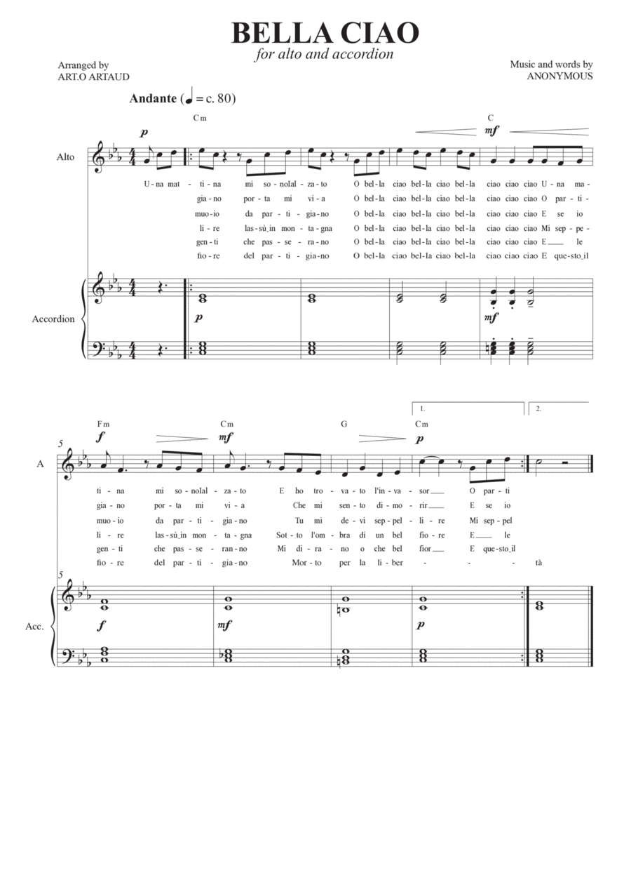 Bella Ciao Alto Voice scores gallery preview page 1