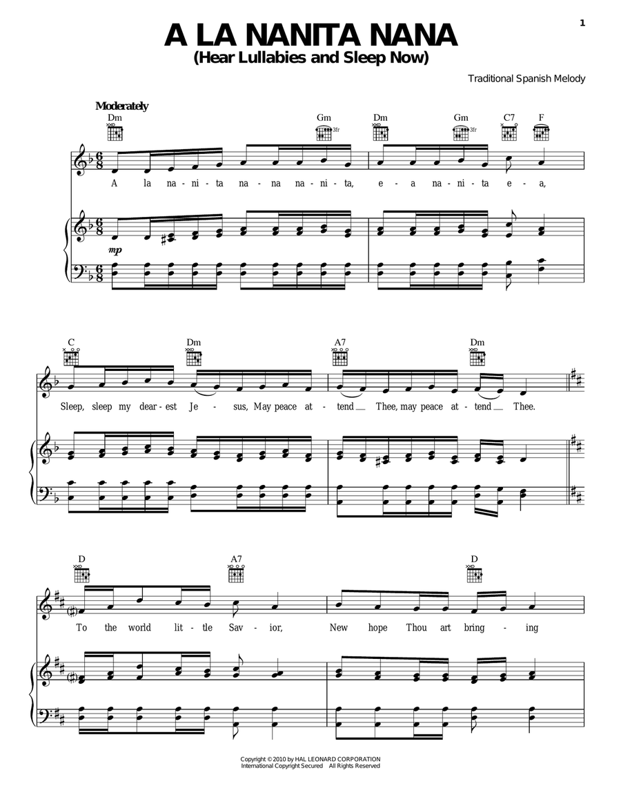 A La Nanita Nana (Hear Lullabies And Sleep Now) Piano, Vocal, Guitar scores gallery preview page 1