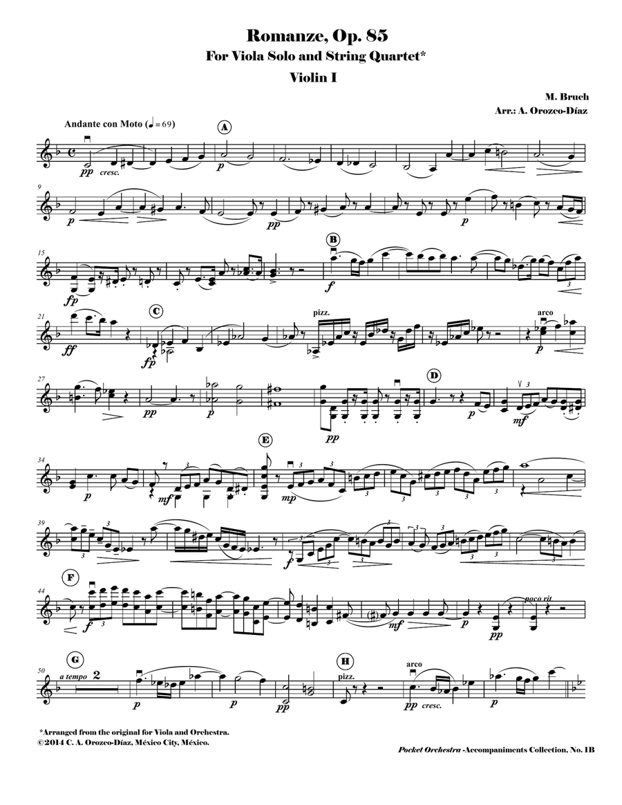 Bruch - Romanze for Viola and Orchestra, Op. 85 (Accompaniment Reduction for String Quartet, SCORE A String Quartet scores gallery preview page 2