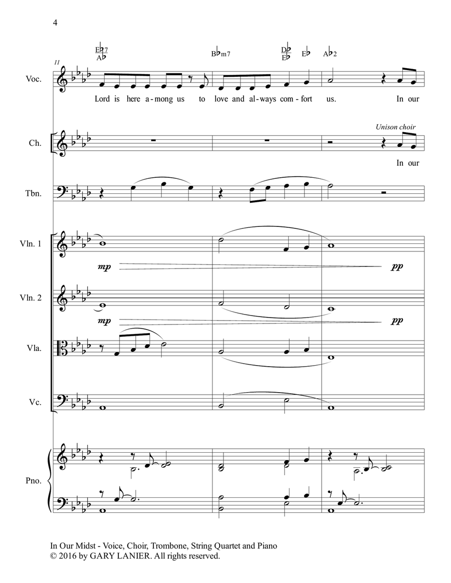 Gary Lanier: IN OUR MIDST (Worship - For Voice, Choir, Trombone, String Quartet and Piano with Parts 4-Part scores gallery preview page 5