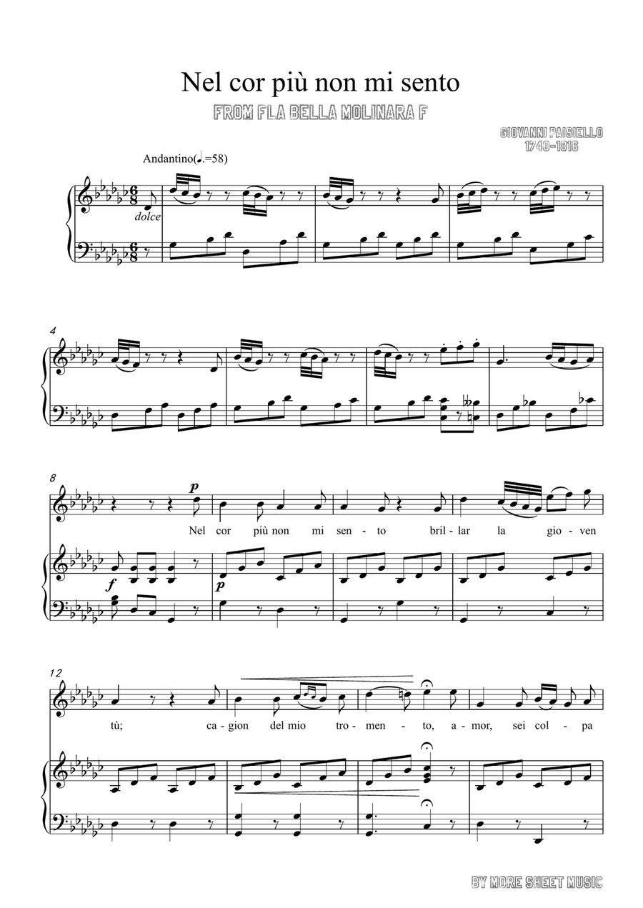 Paisiello-Nel cor più non mi sento in G flat Major,for Voice and Piano Piano, Vocal scores gallery preview page 3