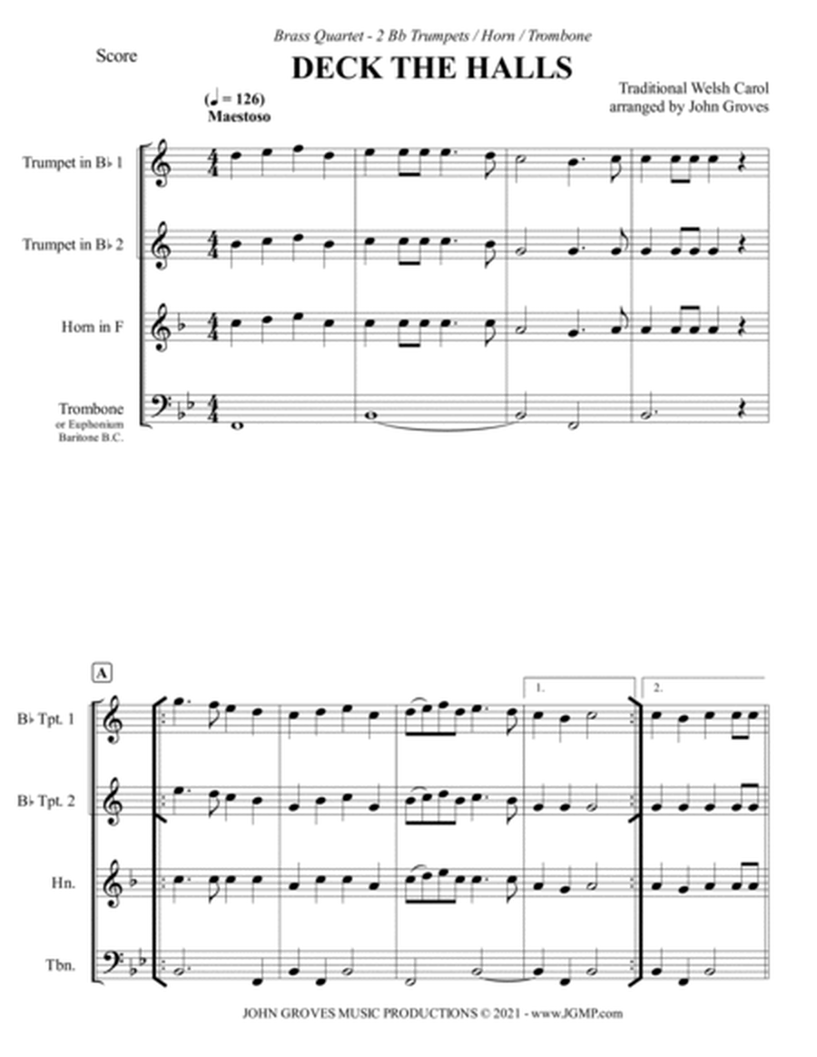 Deck The Halls - 2 Trumpet, Horn, Trombone (Brass Quartet) image number null