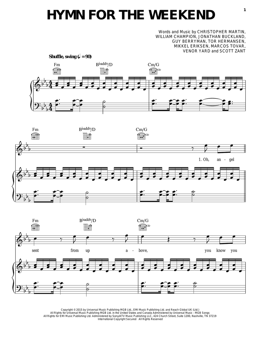 Hymn For The Weekend Piano, Vocal, Guitar scores gallery preview page 1