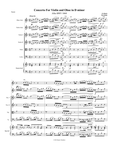 Bach BWV 1060 Concerto Oboe and Violin and Strings Score and Parts