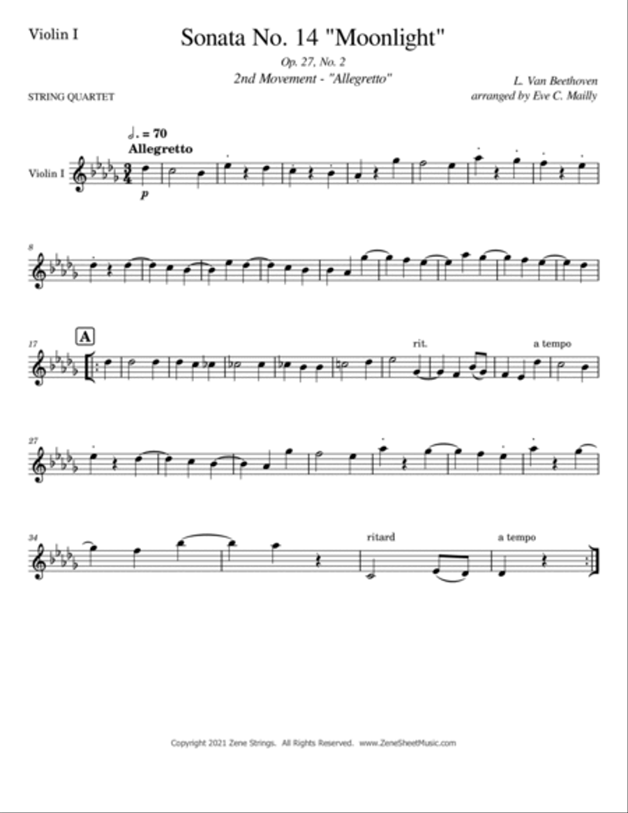 Moonlight Sonata 2nd Mvmt (Sonata No. 14 opus 27 no. 2) - Beethoven - String Quartet String Quartet scores gallery preview page 6