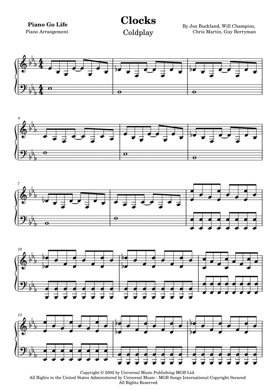 Clocks Piano Solo scores gallery preview page 1