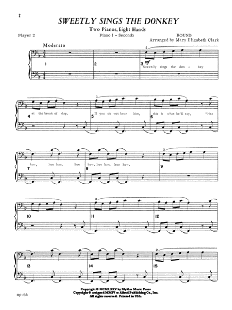 Sweetly Sings the Donkey - Piano Quartet (2 Pianos, 8 Hands) Cello scores gallery preview page 1