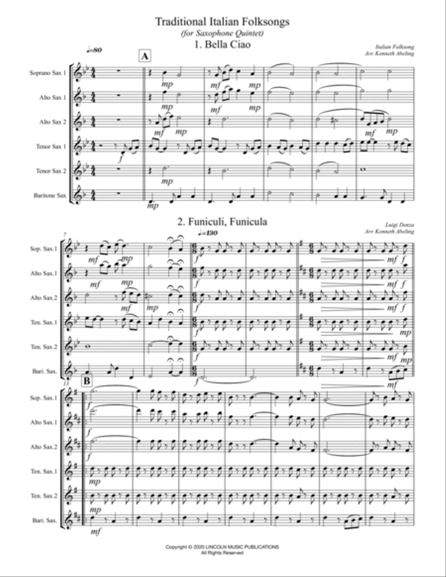 Italian Folksong Medley (for Saxophone Quintet SATTB or AATTB) Saxophone Quintet scores gallery preview page 2