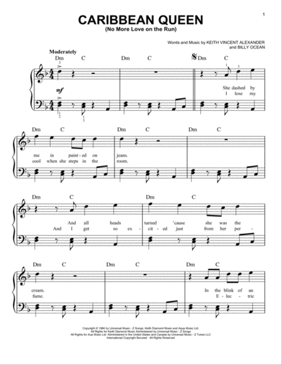 Caribbean Queen (No More Love On The Run) Easy Piano scores gallery preview page 1