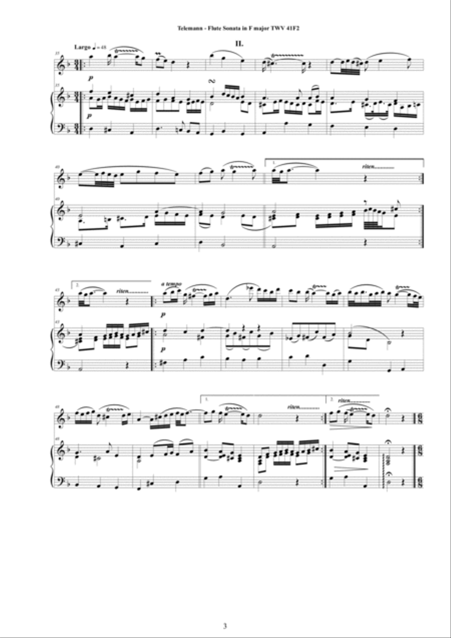 Telemann - Flute Sonata in F major TWV 41-F2 for Flute and Cembalo (or Piano) Woodwind Duet scores gallery preview page 3