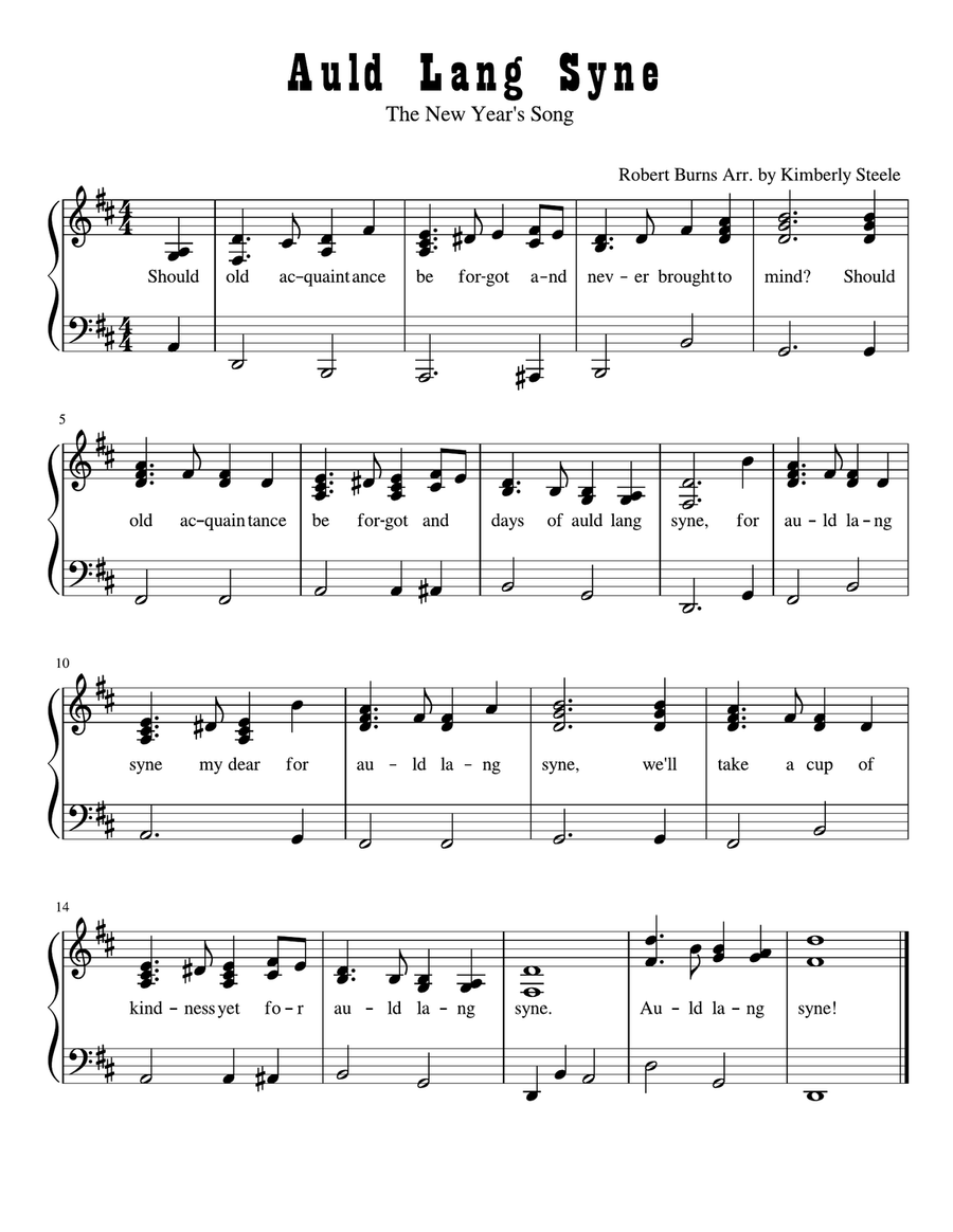 Auld Lang Syne (The New Year's Song) for Early Intermediate Piano Level 4 in D Major Piano Solo scores gallery preview page 1
