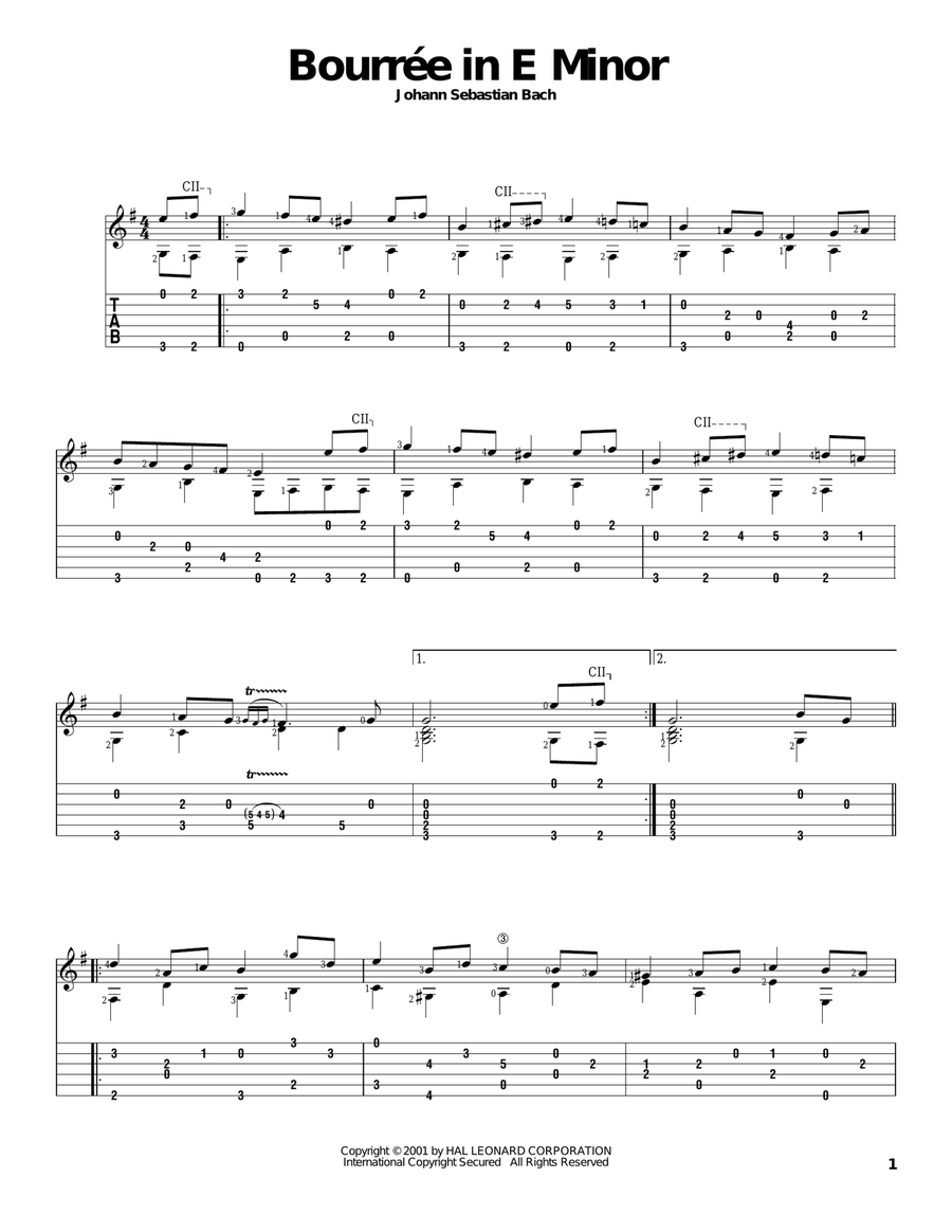 Bourree In E Minor Acoustic Guitar scores gallery preview page 1