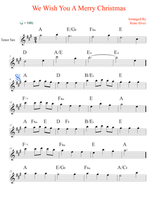 We Wish You A Merry Christmas, tenor sax sheet music and melody for the beginning musician (easy).