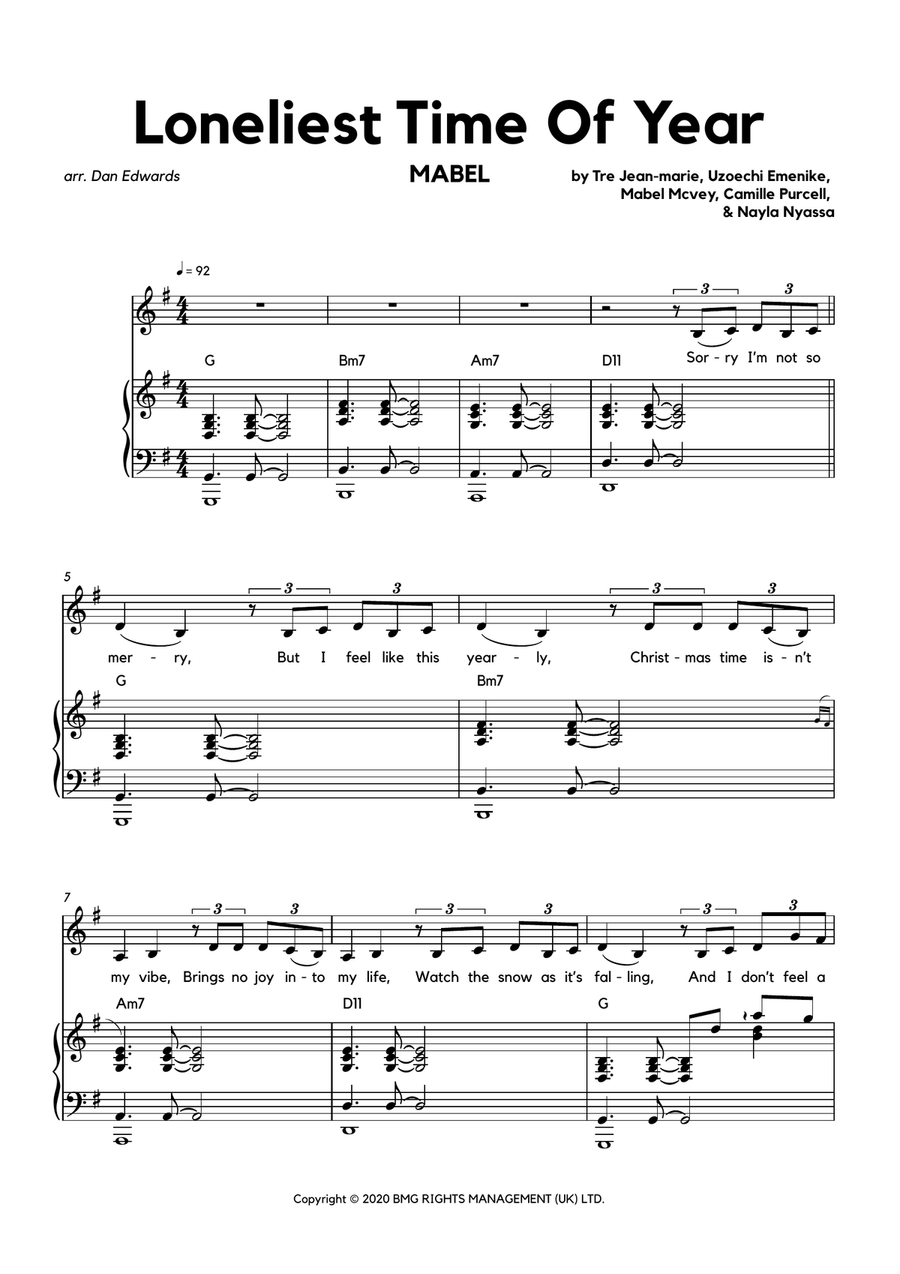 Loneliest Time Of Year Piano, Vocal, Guitar scores gallery preview page 1