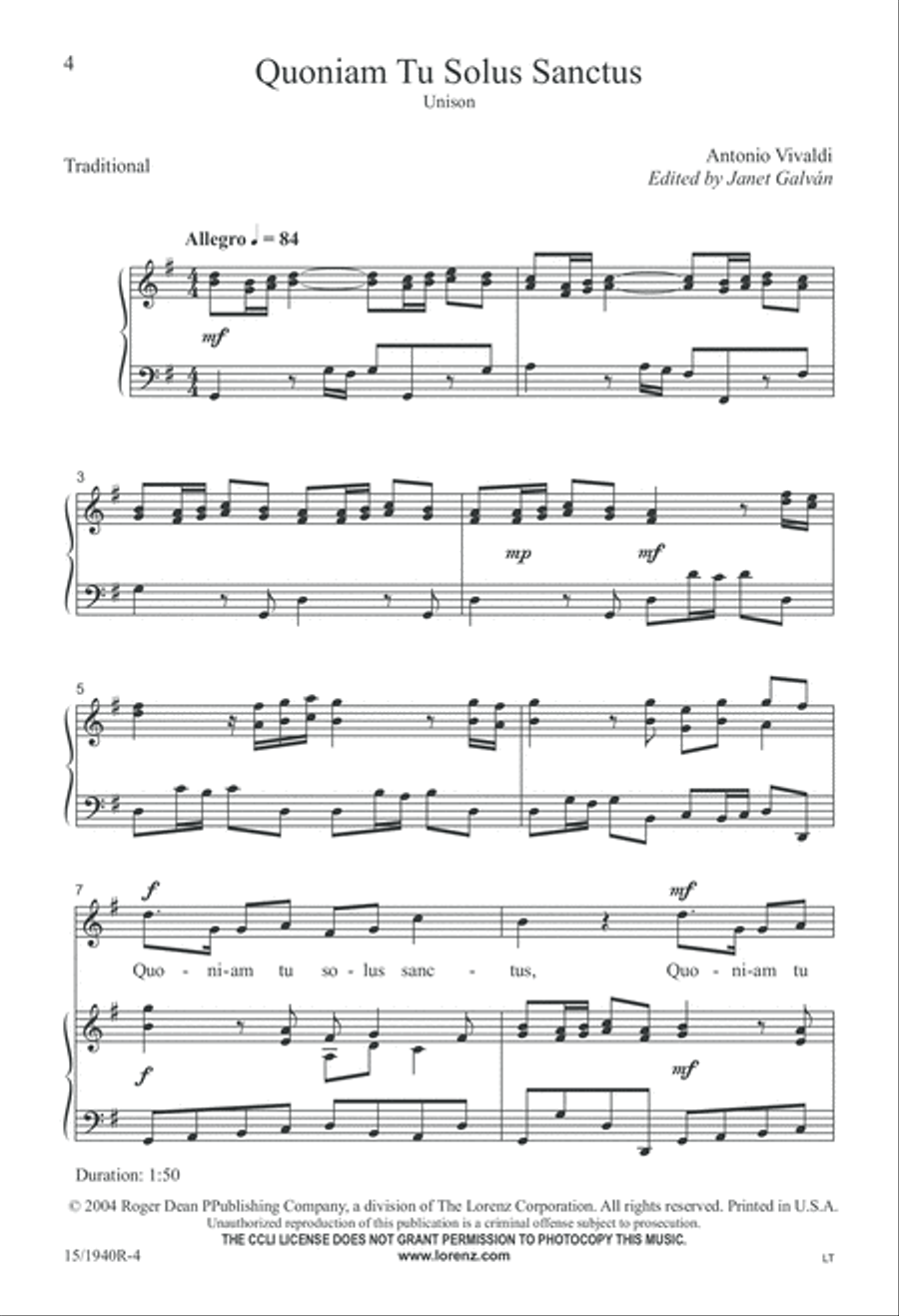 Quoniam Tu Solus Sanctus Unison Choir scores gallery preview page 4