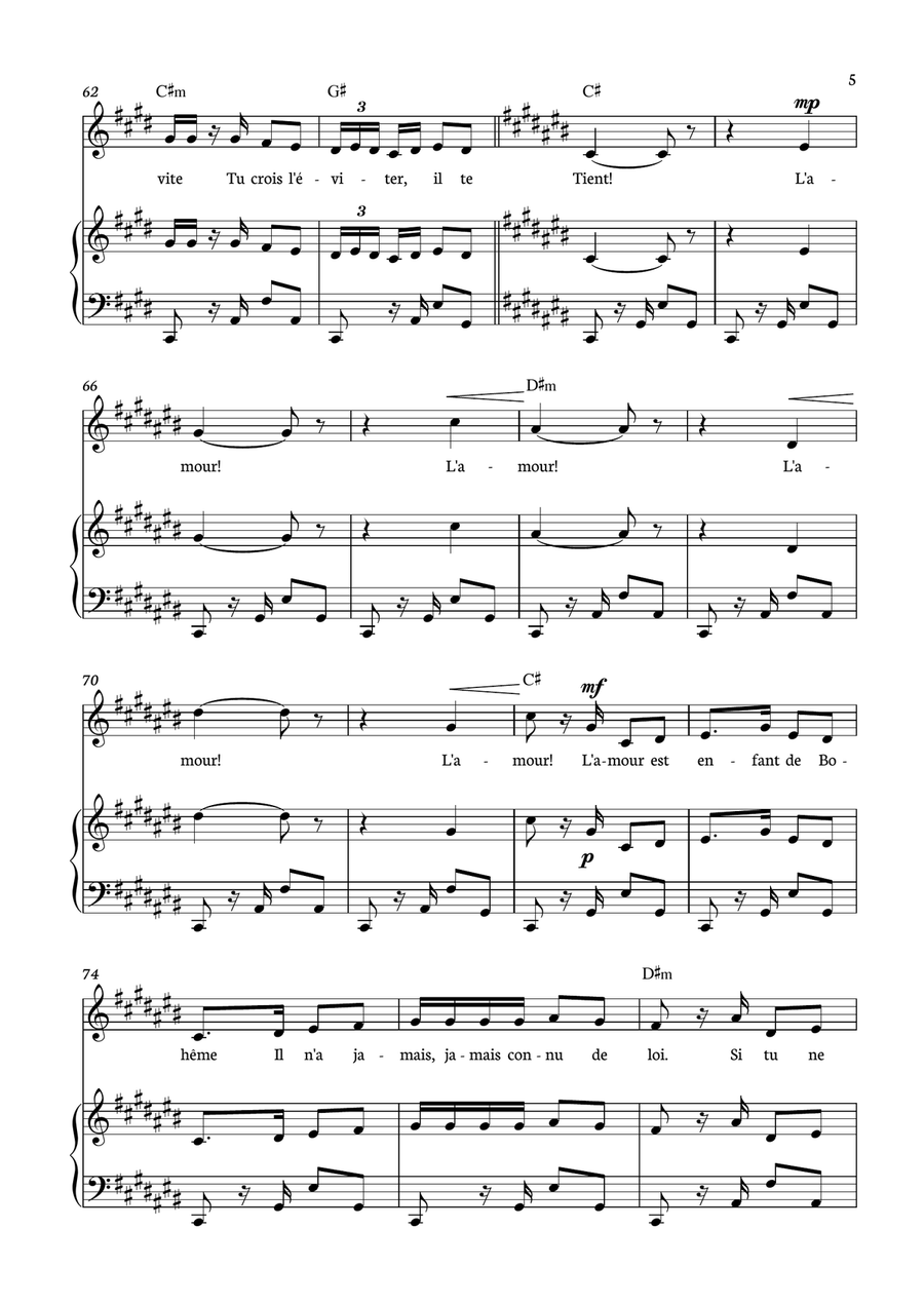 Habanera - Carmen for piano, chords and voice in C# minor. Piano, Vocal scores gallery preview page 5